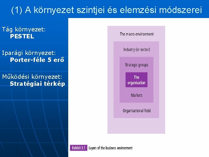 (1) A környezet szintjei és elemzési módszerei Tág környezet: PESTEL Iparági környezet: Porter-féle 5