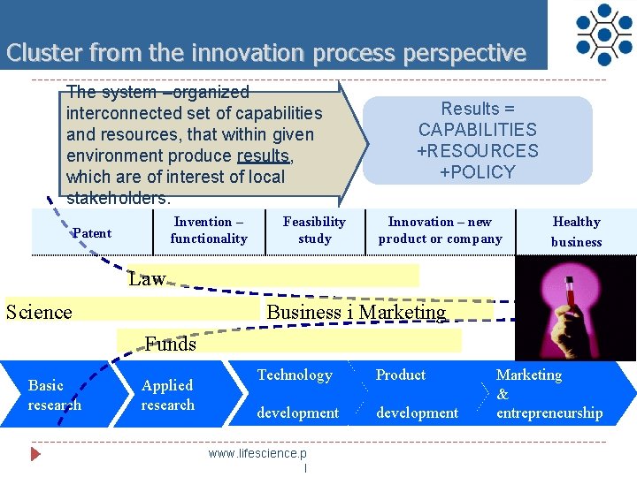 Cluster from the innovation process perspective The system –organized interconnected set of capabilities and