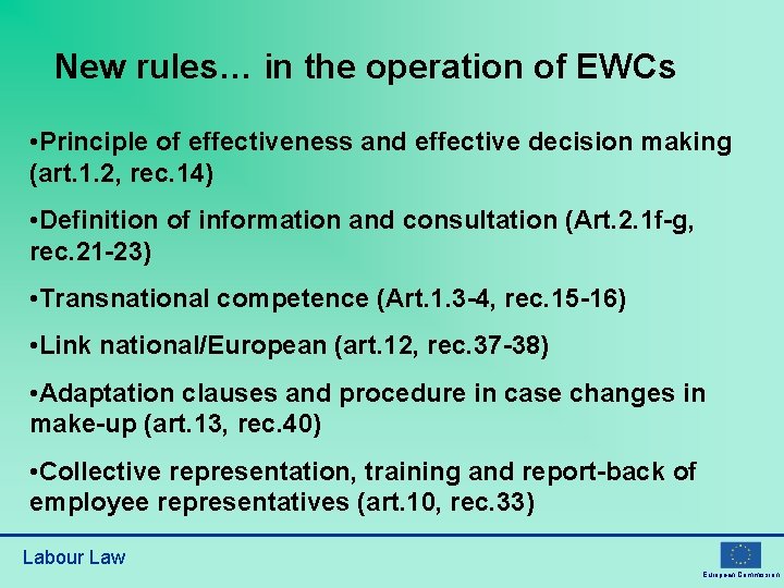New rules… in the operation of EWCs • Principle of effectiveness and effective decision