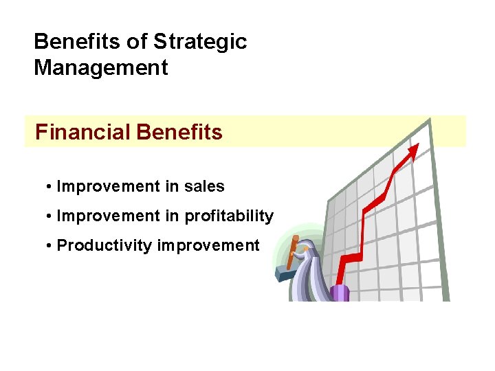 Benefits of Strategic Management Financial Benefits • Improvement in sales • Improvement in profitability Benefits of Strategic Management Financial Benefits • Improvement in sales • Improvement in profitability