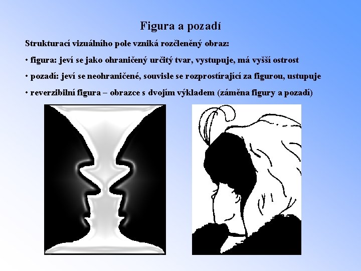 Figura a pozadí Strukturací vizuálního pole vzniká rozčleněný obraz: • figura: jeví se jako