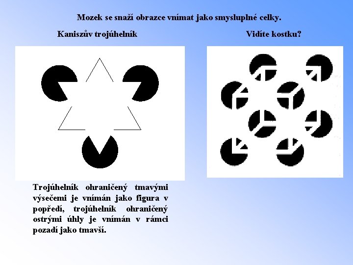 Mozek se snaží obrazce vnímat jako smysluplné celky. Kaniszův trojúhelník Trojúhelník ohraničený tmavými výsečemi