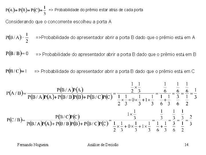 => Probabilidade do prêmio estar atrás de cada porta Considerando que o concorrente escolheu