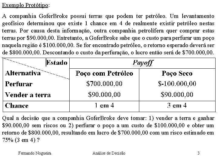 Exemplo Protótipo: A companhia Gofer. Broke possui terras que podem ter petróleo. Um levantamento