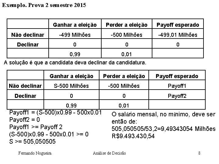 Exemplo. Prova 2 semestre 2015 Ganhar a eleição Perder a eleição Payoff esperado Não