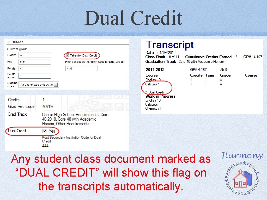 Dual Credit Any student class document marked as “DUAL CREDIT” will show this flag Dual Credit Any student class document marked as “DUAL CREDIT” will show this flag