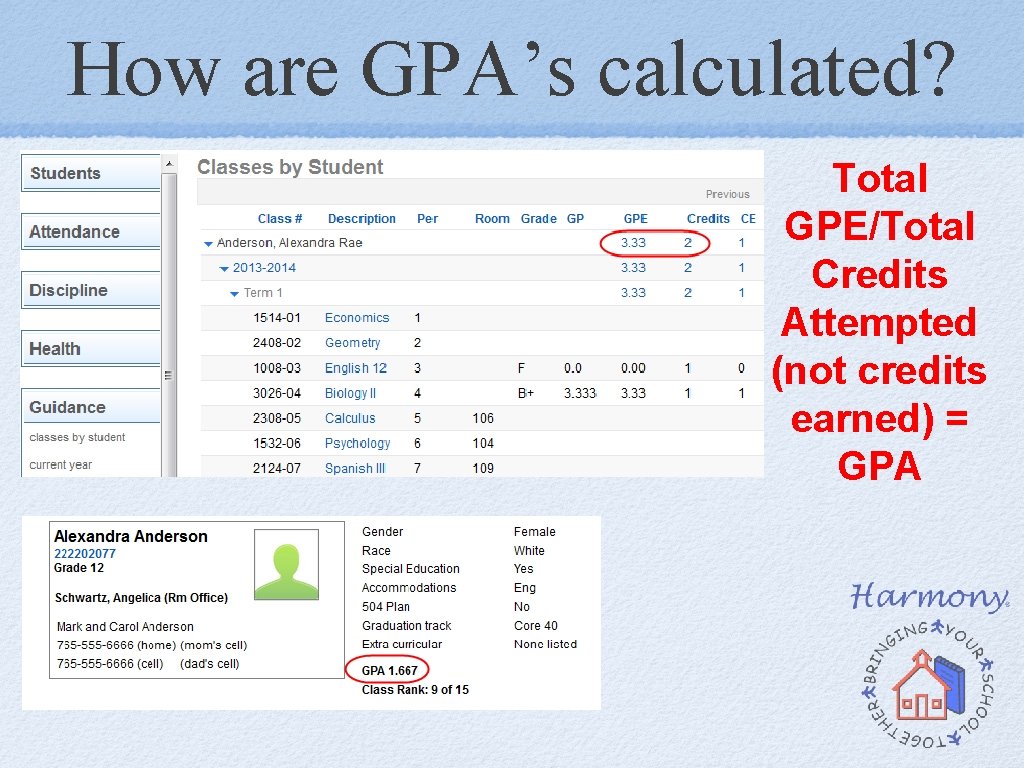 How are GPA’s calculated? Total GPE/Total Credits Attempted (not credits earned) = GPA How are GPA’s calculated? Total GPE/Total Credits Attempted (not credits earned) = GPA