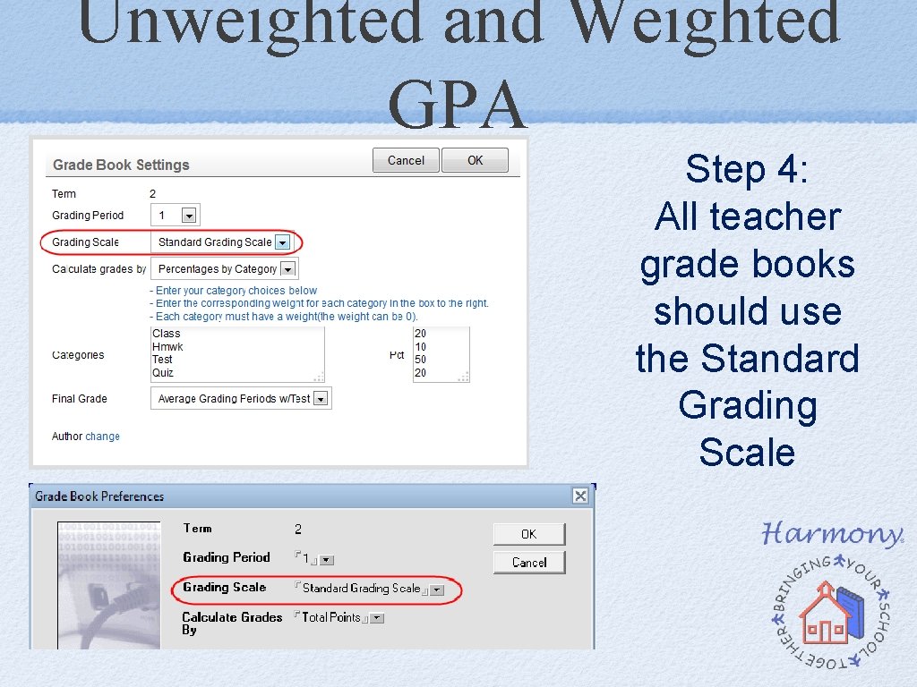 Unweighted and Weighted GPA Step 4: All teacher grade books should use the Standard Unweighted and Weighted GPA Step 4: All teacher grade books should use the Standard