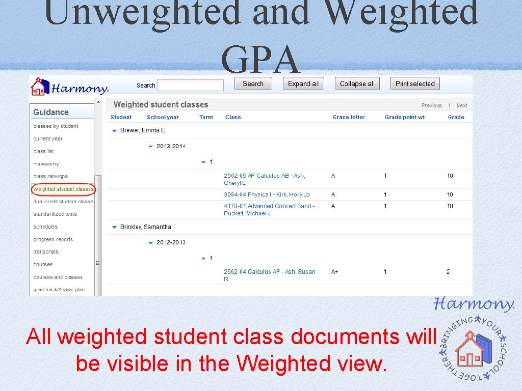 Unweighted and Weighted GPA All weighted student class documents will be visible in the Unweighted and Weighted GPA All weighted student class documents will be visible in the