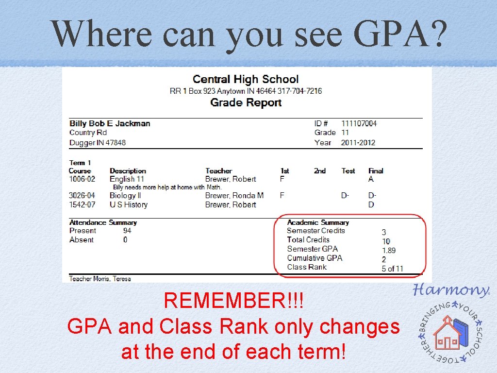Where can you see GPA? REMEMBER!!! GPA and Class Rank only changes at the Where can you see GPA? REMEMBER!!! GPA and Class Rank only changes at the