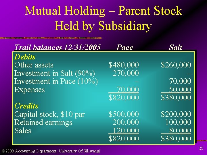 Mutual Holding – Parent Stock Held by Subsidiary Trail balances 12/31/2005 Pace Debits Other