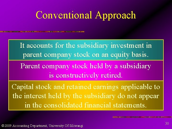 Conventional Approach It accounts for the subsidiary investment in parent company stock on an