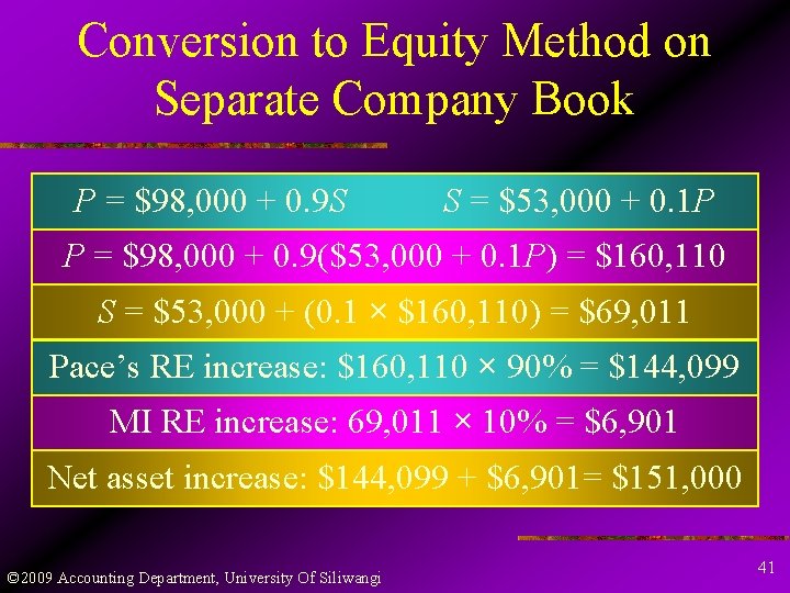 Conversion to Equity Method on Separate Company Book P = $98, 000 + 0.