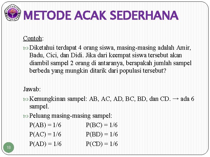 METODE ACAK SEDERHANA Contoh: Diketahui terdapat 4 orang siswa, masing-masing adalah Amir, Badu, Cici,