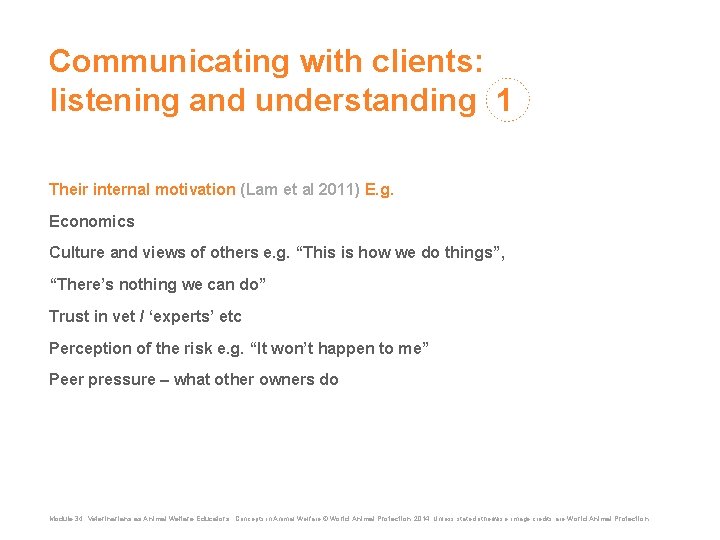 Communicating with clients: listening and understanding 1 Their internal motivation (Lam et al 2011)