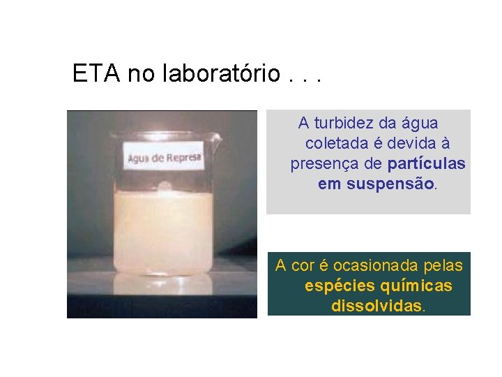 ETA no laboratório. . . A turbidez da água coletada é devida à presença