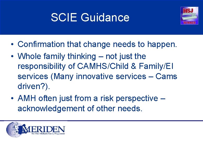 SCIE Guidance • Confirmation that change needs to happen. • Whole family thinking –