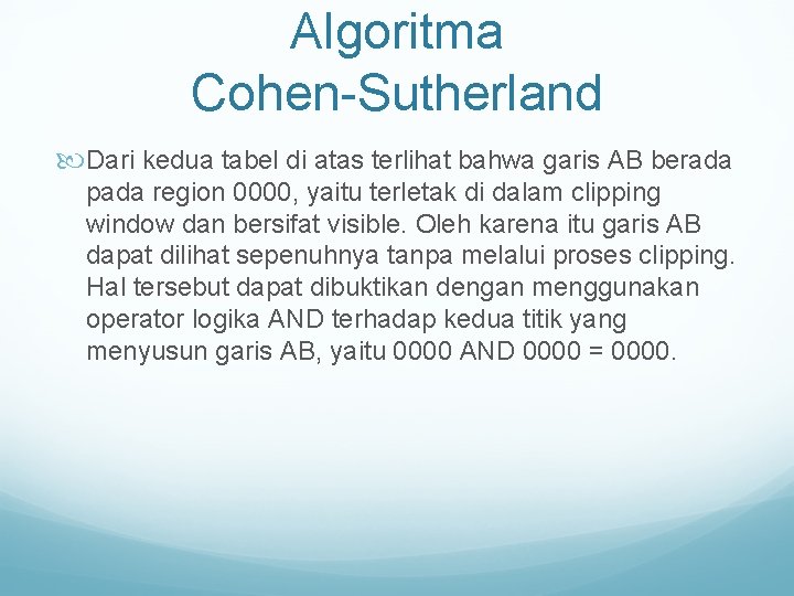 Algoritma Cohen-Sutherland Dari kedua tabel di atas terlihat bahwa garis AB berada pada region