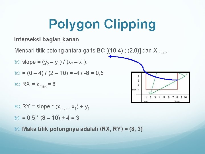Polygon Clipping Interseksi bagian kanan Mencari titik potong antara garis BC [(10, 4) ;
