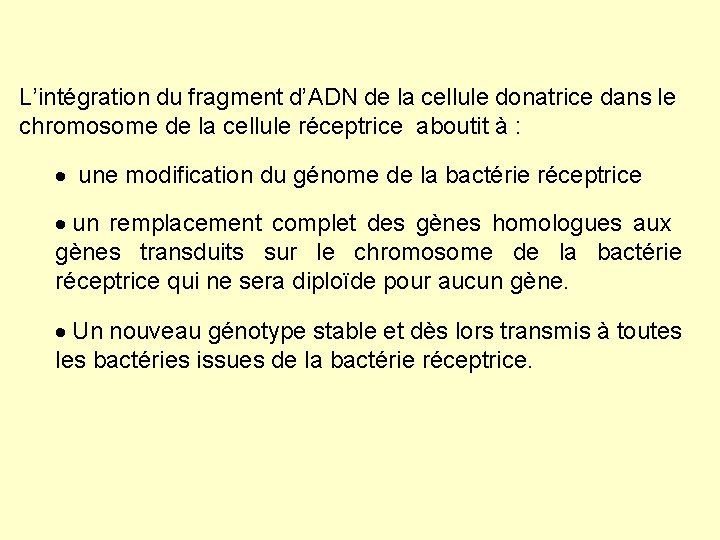 L’intégration du fragment d’ADN de la cellule donatrice dans le chromosome de la cellule L’intégration du fragment d’ADN de la cellule donatrice dans le chromosome de la cellule