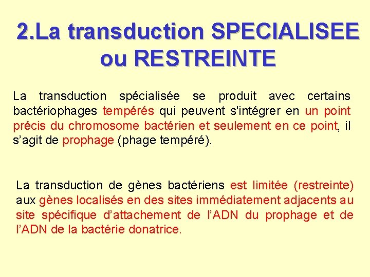 2. La transduction SPECIALISEE ou RESTREINTE La transduction spécialisée se produit avec certains bactériophages 2. La transduction SPECIALISEE ou RESTREINTE La transduction spécialisée se produit avec certains bactériophages