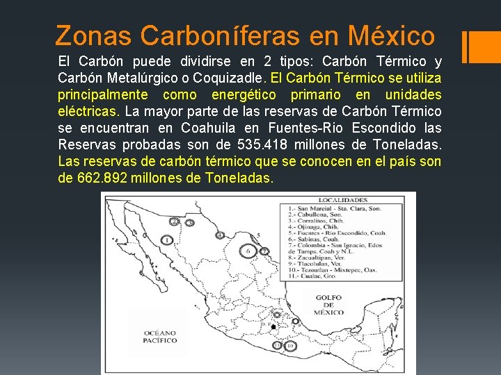 Zonas Carboníferas en México El Carbón puede dividirse en 2 tipos: Carbón Térmico y