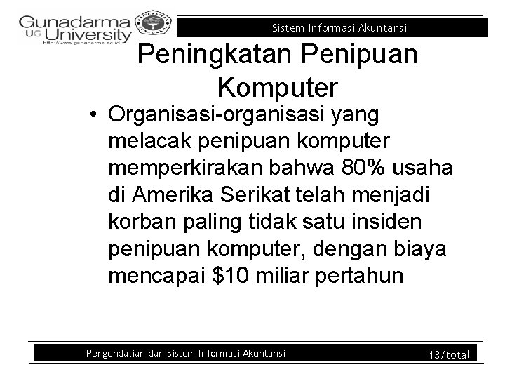 Sistem Informasi Akuntansi Peningkatan Penipuan Komputer • Organisasi-organisasi yang melacak penipuan komputer memperkirakan bahwa Sistem Informasi Akuntansi Peningkatan Penipuan Komputer • Organisasi-organisasi yang melacak penipuan komputer memperkirakan bahwa