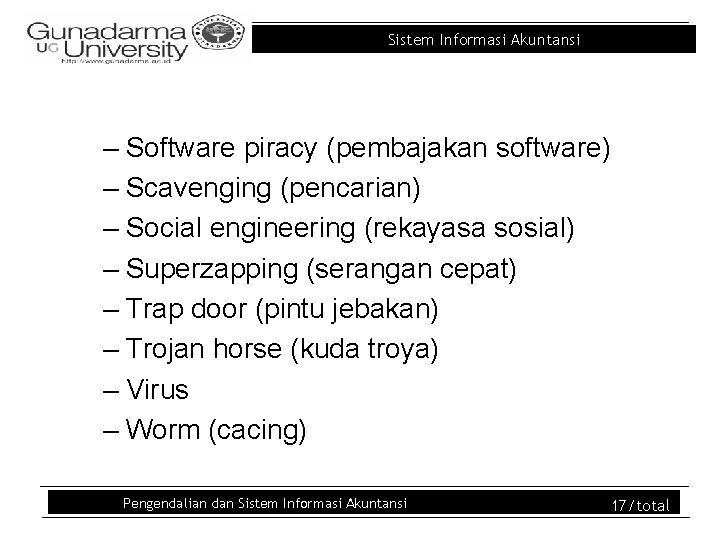 Sistem Informasi Akuntansi – Software piracy (pembajakan software) – Scavenging (pencarian) – Social engineering Sistem Informasi Akuntansi – Software piracy (pembajakan software) – Scavenging (pencarian) – Social engineering