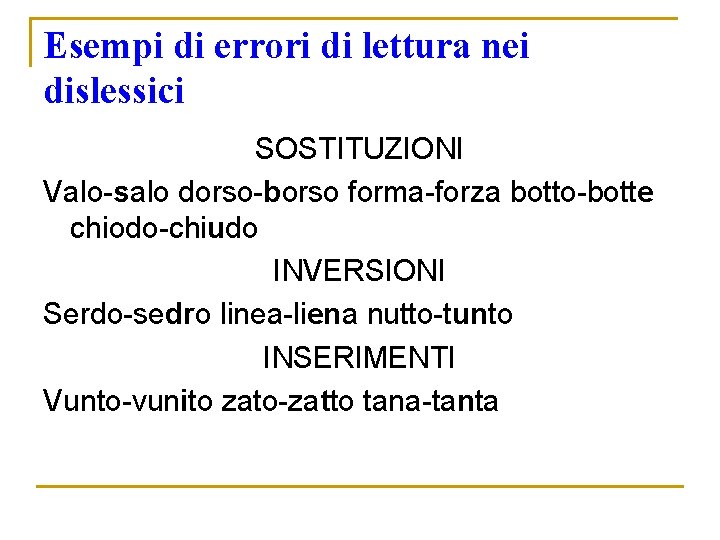 Esempi di errori di lettura nei dislessici SOSTITUZIONI Valo-salo dorso-borso forma-forza botto-botte chiodo-chiudo INVERSIONI Esempi di errori di lettura nei dislessici SOSTITUZIONI Valo-salo dorso-borso forma-forza botto-botte chiodo-chiudo INVERSIONI