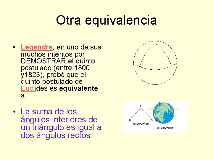 Otra equivalencia • Legendre, en uno de sus muchos intentos por DEMOSTRAR el quinto