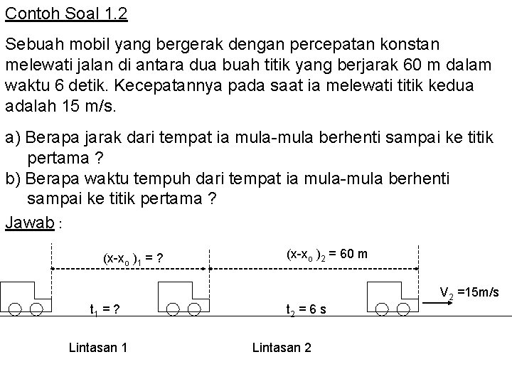 Contoh Soal 1. 2 Sebuah mobil yang bergerak dengan percepatan konstan melewati jalan di