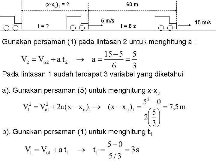 60 m (x-xo)1 = ? t=? 5 m/s t=6 s 15 m/s Gunakan persaman