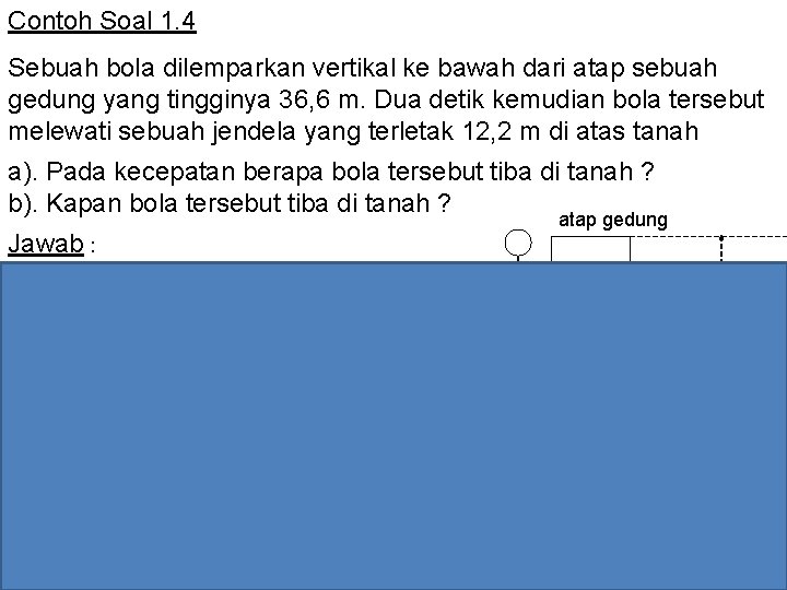 Contoh Soal 1. 4 Sebuah bola dilemparkan vertikal ke bawah dari atap sebuah gedung