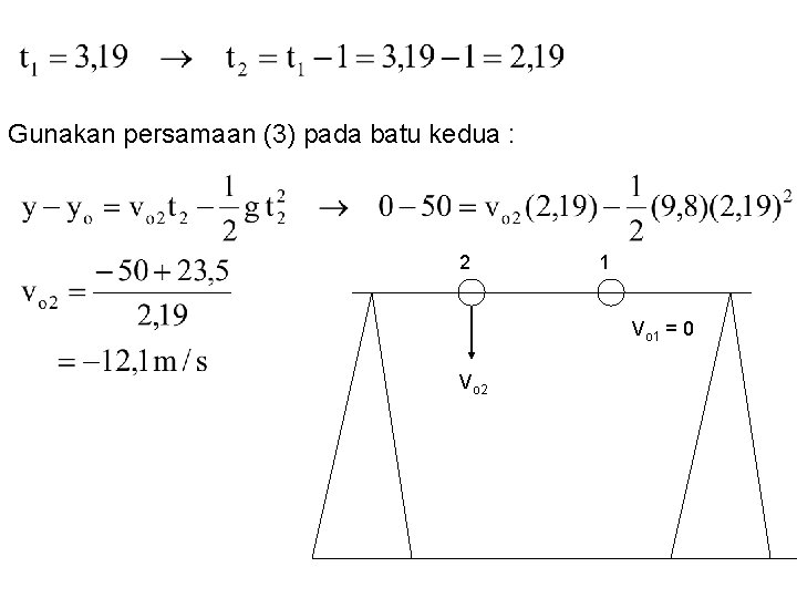 Gunakan persamaan (3) pada batu kedua : 2 1 Vo 1 = 0 Vo