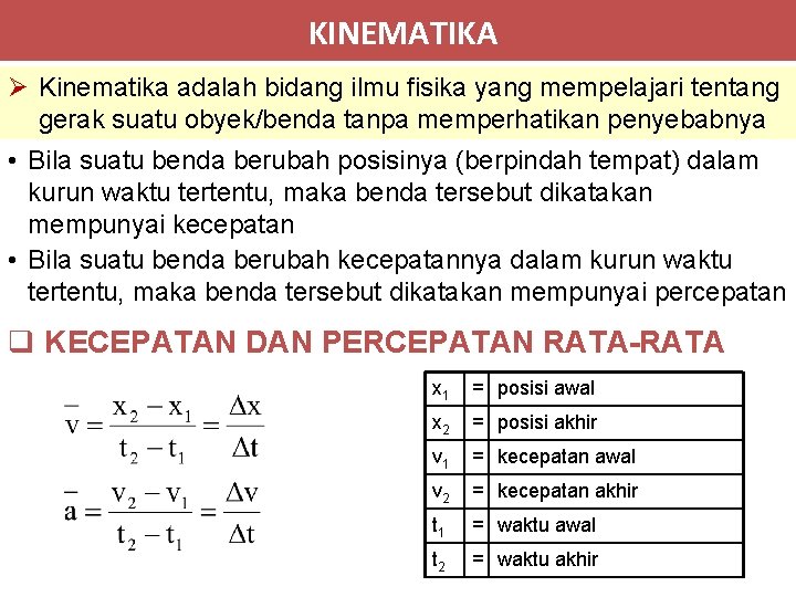 KINEMATIKA Ø Kinematika adalah bidang ilmu fisika yang mempelajari tentang gerak suatu obyek/benda tanpa