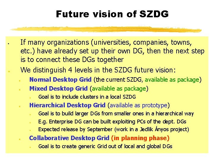 Future vision of SZDG If many organizations (universities, companies, towns, etc. ) have already