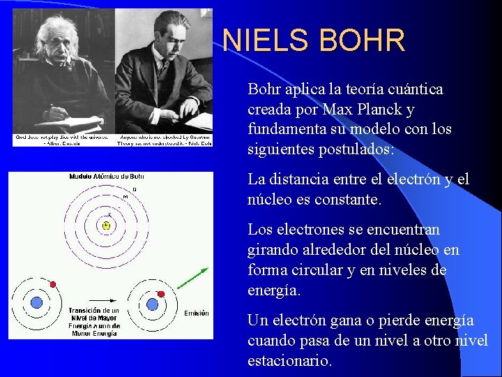 NIELS BOHR Bohr aplica la teoría cuántica creada por Max Planck y fundamenta su