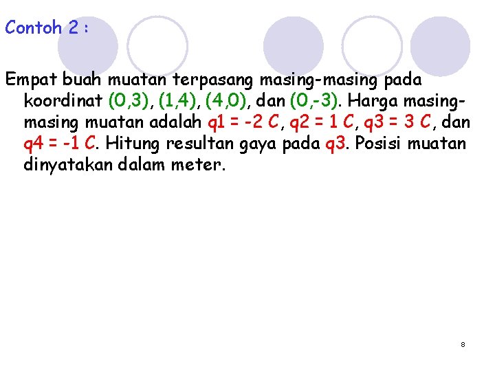 Contoh 2 : Empat buah muatan terpasang masing-masing pada koordinat (0, 3), (1, 4),