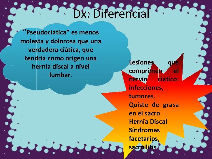 Dx: Diferencial “Pseudociática” es menos molesta y dolorosa que una verdadera ciática, que tendría