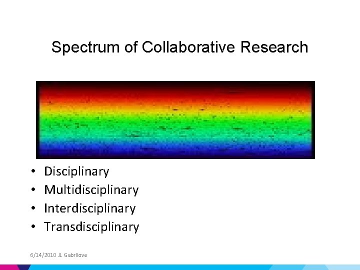 Spectrum of Collaborative Research • • Disciplinary Multidisciplinary Interdisciplinary Transdisciplinary 6/14/2010 JL Gabrilove 