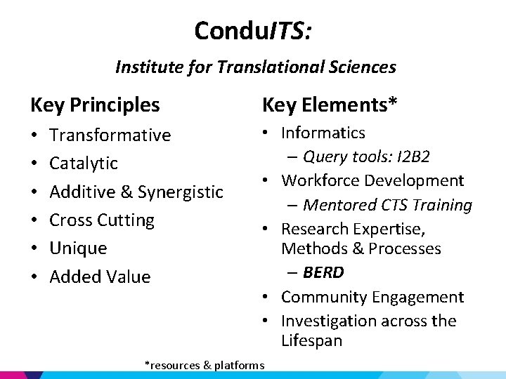 Condu. ITS: Institute for Translational Sciences Key Principles • • • Transformative Catalytic Additive