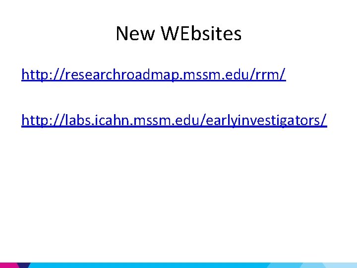 New WEbsites http: //researchroadmap. mssm. edu/rrm/ http: //labs. icahn. mssm. edu/earlyinvestigators/ 