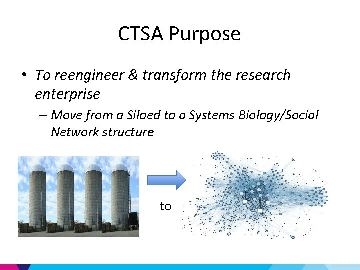 CTSA Purpose • To reengineer & transform the research enterprise – Move from a