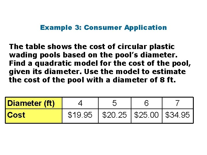 Example 3: Consumer Application The table shows the cost of circular plastic wading pools