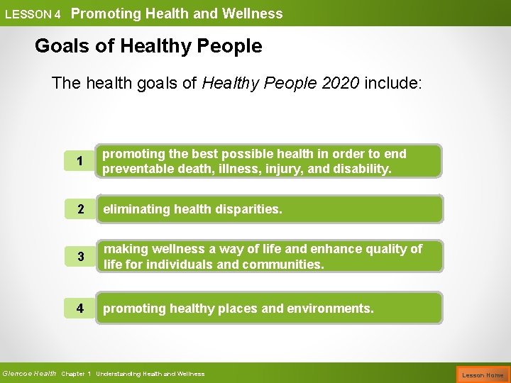 LESSON 4 Promoting Health and Wellness Goals of Healthy People The health goals of