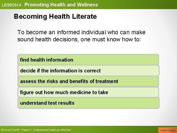 LESSON 4 Promoting Health and Wellness Becoming Health Literate To become an informed individual
