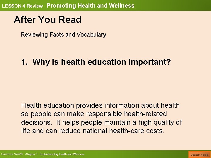 LESSON 4 Review Promoting Health and Wellness After You Read Reviewing Facts and Vocabulary