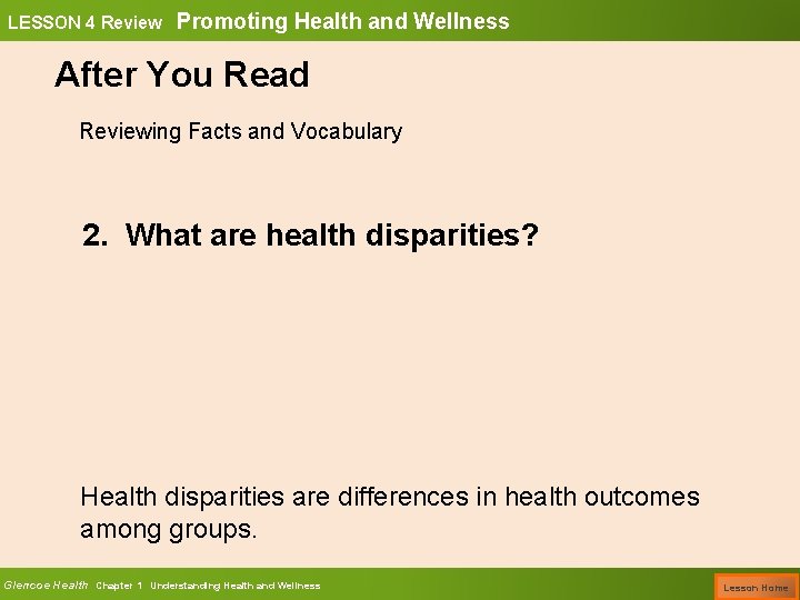 LESSON 4 Review Promoting Health and Wellness After You Read Reviewing Facts and Vocabulary