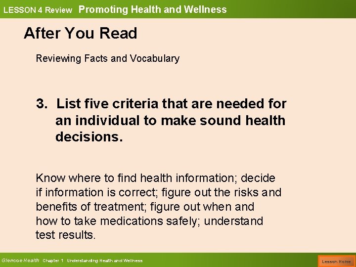 LESSON 4 Review Promoting Health and Wellness After You Read Reviewing Facts and Vocabulary