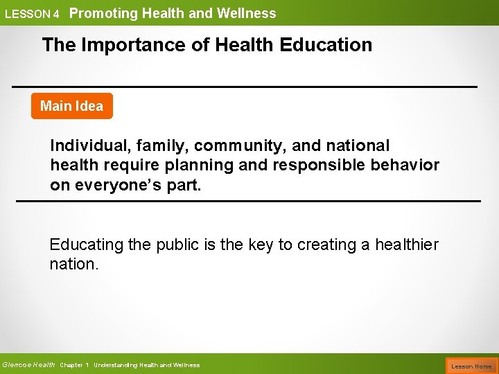 LESSON 4 Promoting Health and Wellness The Importance of Health Education Main Idea Individual,